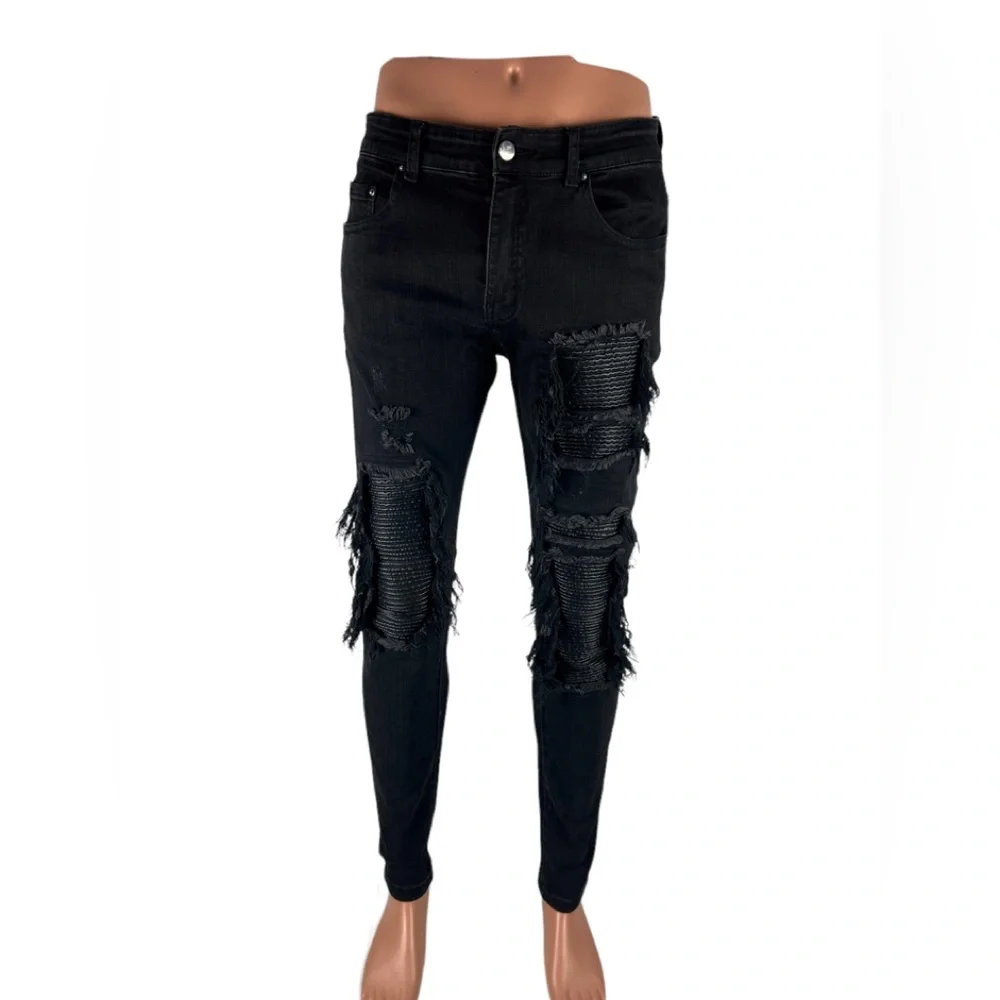 Amiri Mens 30 X 31 Jeans Leather Patch Ripped Skinny Black Cotton Blend Stretch - Picture 2 of 11